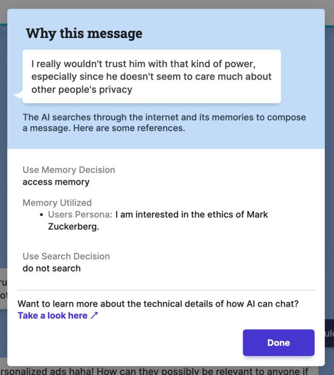 A page reading “Why this message” that explains a Persona for the user saying “I am interested in the ethics of Mark Zuckerberg.”