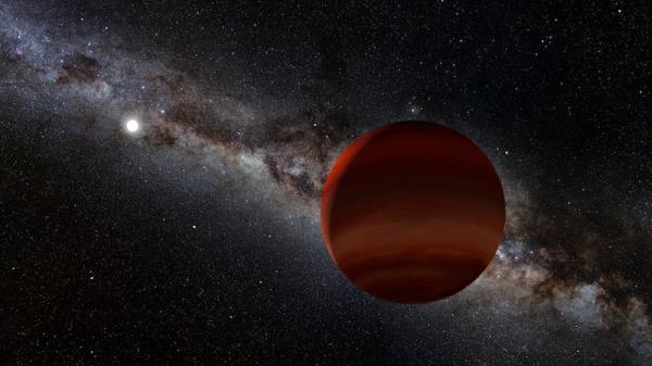 Webb detects sand clouds: Reddish planet-like object with banded atmosphere, Milky Way and white star in background.