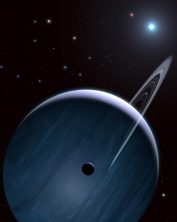 Large blue planet with ring, and distant star.