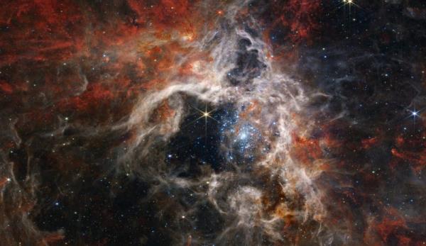 Tarantula Nebula: Bright star with cluster to right, surrounded by red and white cloudy filaments.