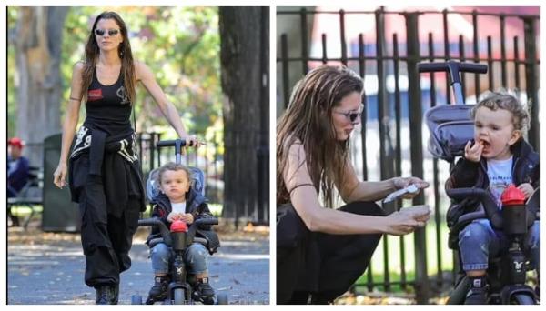 坎耶·维斯特的前男友茱莉亚·福克斯带着她的儿子在纽约时尚地走在外面